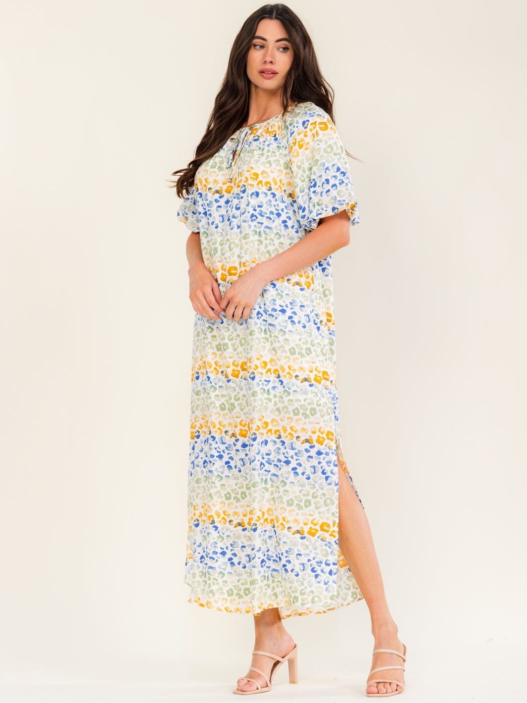 ENTRO WOMEN'S SHORT SLEEVE V-NECK ANIMAL PRINT PRINT TUNIC MAXI DRESS