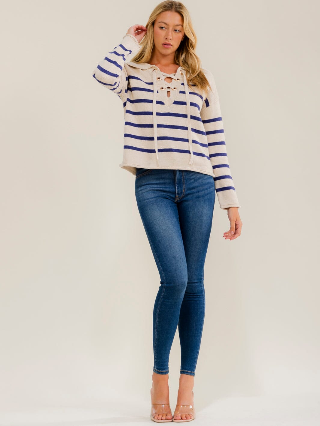 WOMEN'S LONG SLEEVE V-NECK LACE UP COLORBLOCK STRIPES PULLOVER SWEATER
