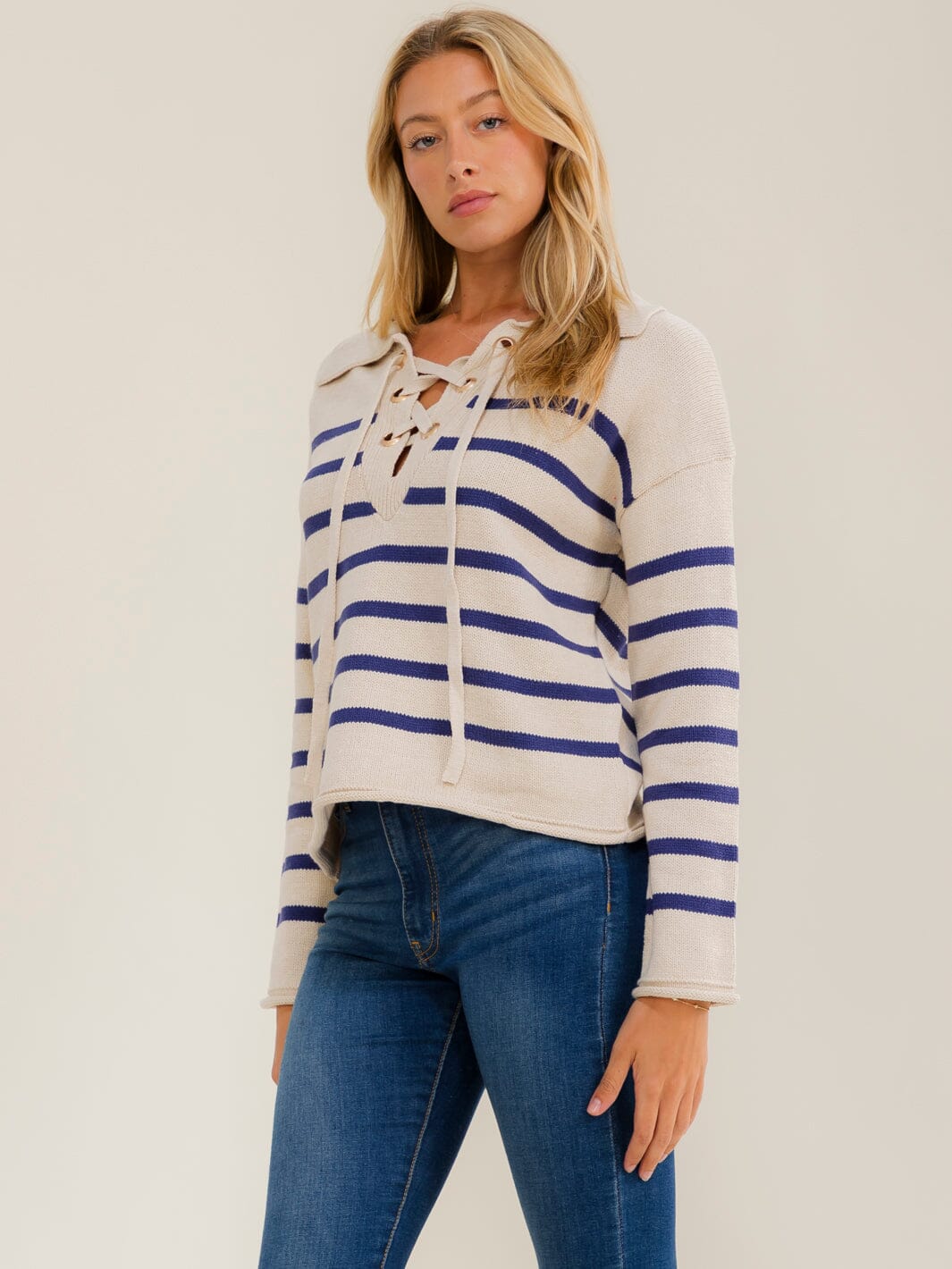 WOMEN'S LONG SLEEVE V-NECK LACE UP COLORBLOCK STRIPES PULLOVER SWEATER