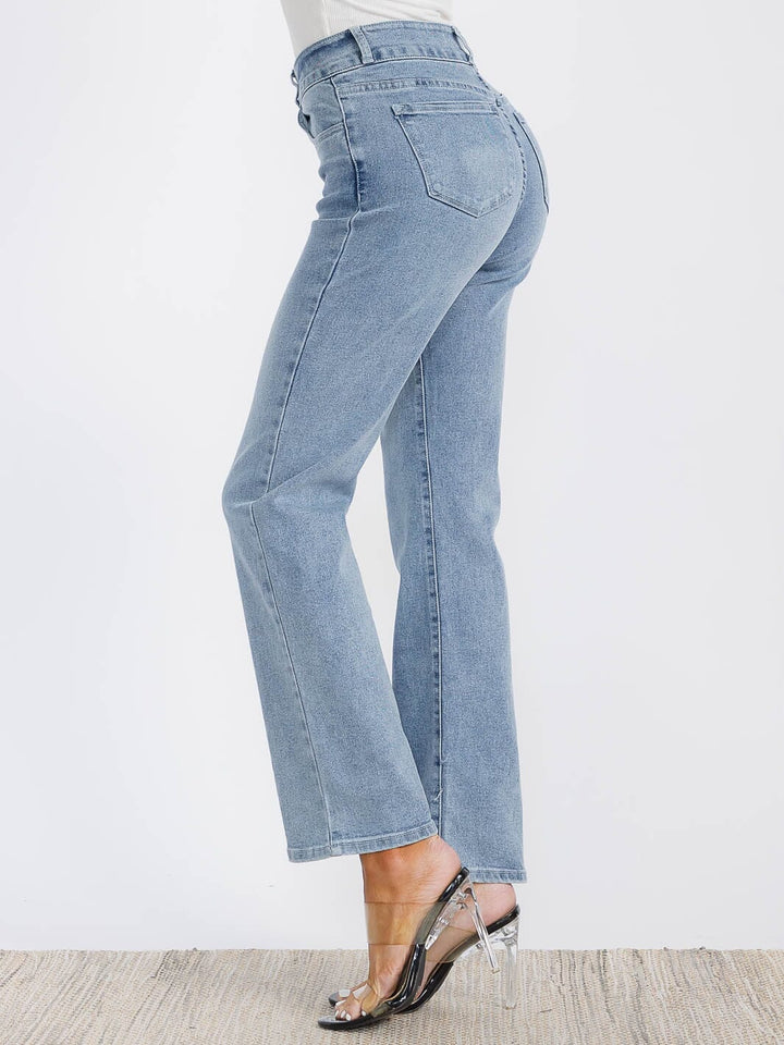 WOMEN'S BUTTON CLOSURE STRETCH WASHED DENIM WIDE LEG PANTS