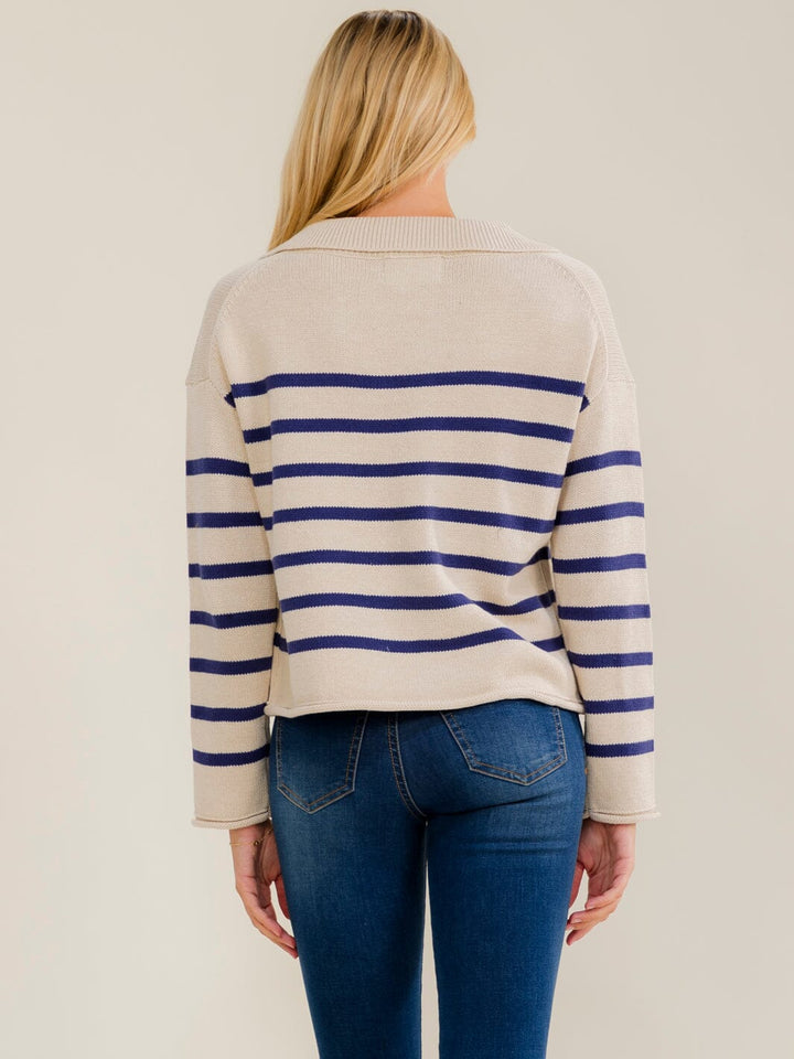 WOMEN'S LONG SLEEVE V-NECK LACE UP COLORBLOCK STRIPES PULLOVER SWEATER