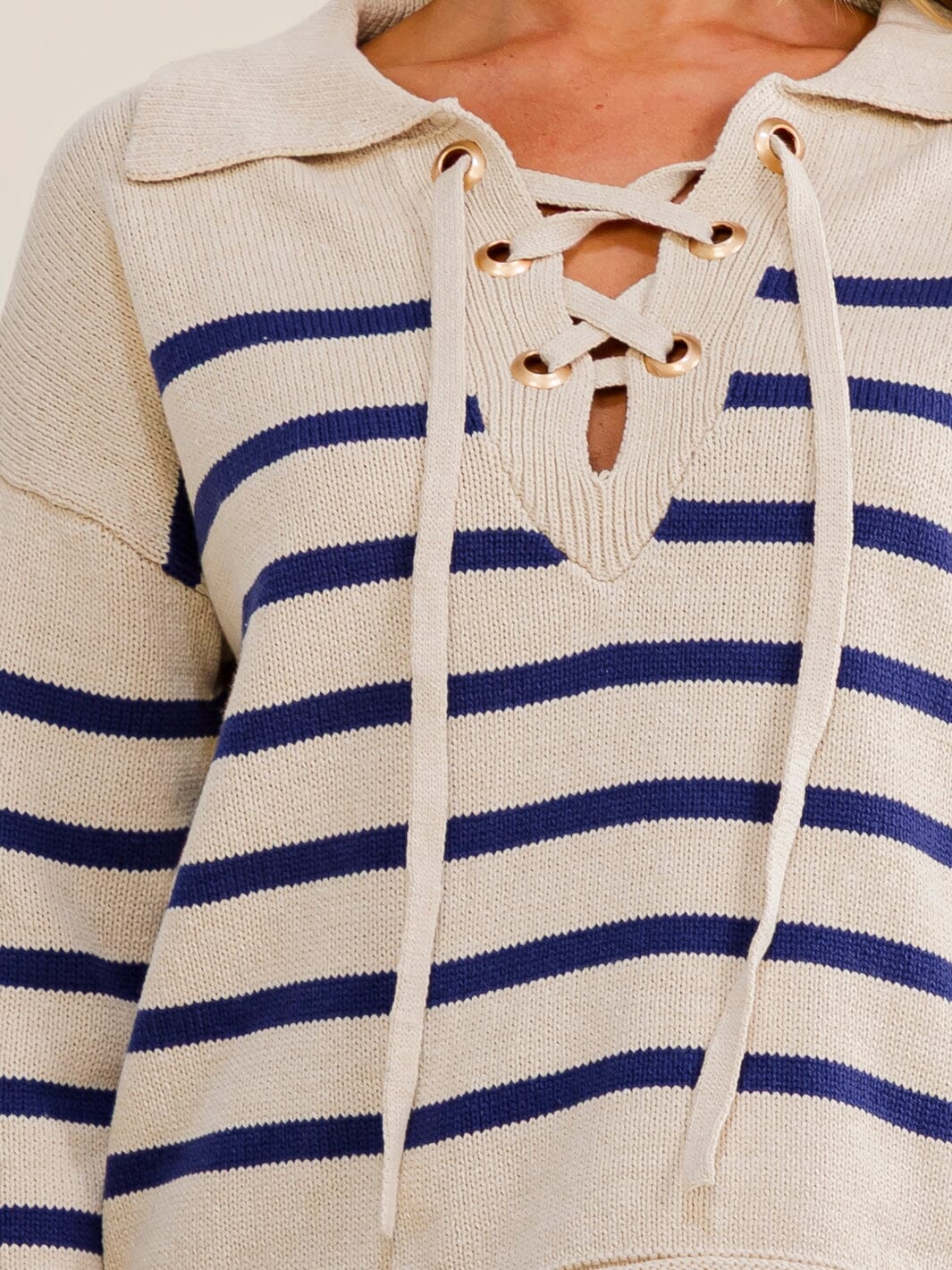 WOMEN'S LONG SLEEVE V-NECK LACE UP COLORBLOCK STRIPES PULLOVER SWEATER