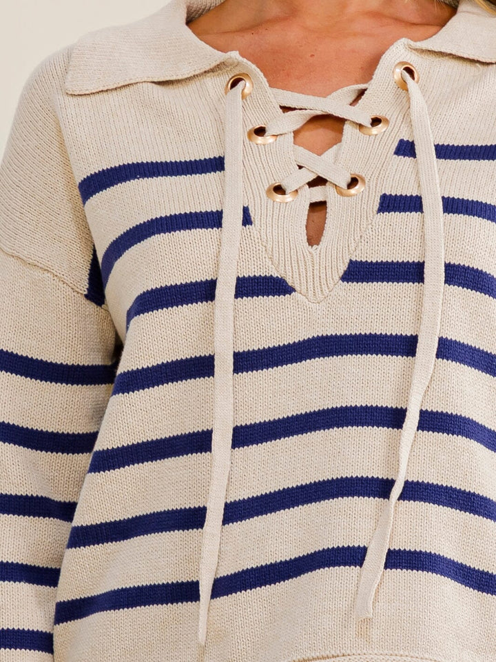 WOMEN'S LONG SLEEVE V-NECK LACE UP COLORBLOCK STRIPES PULLOVER SWEATER