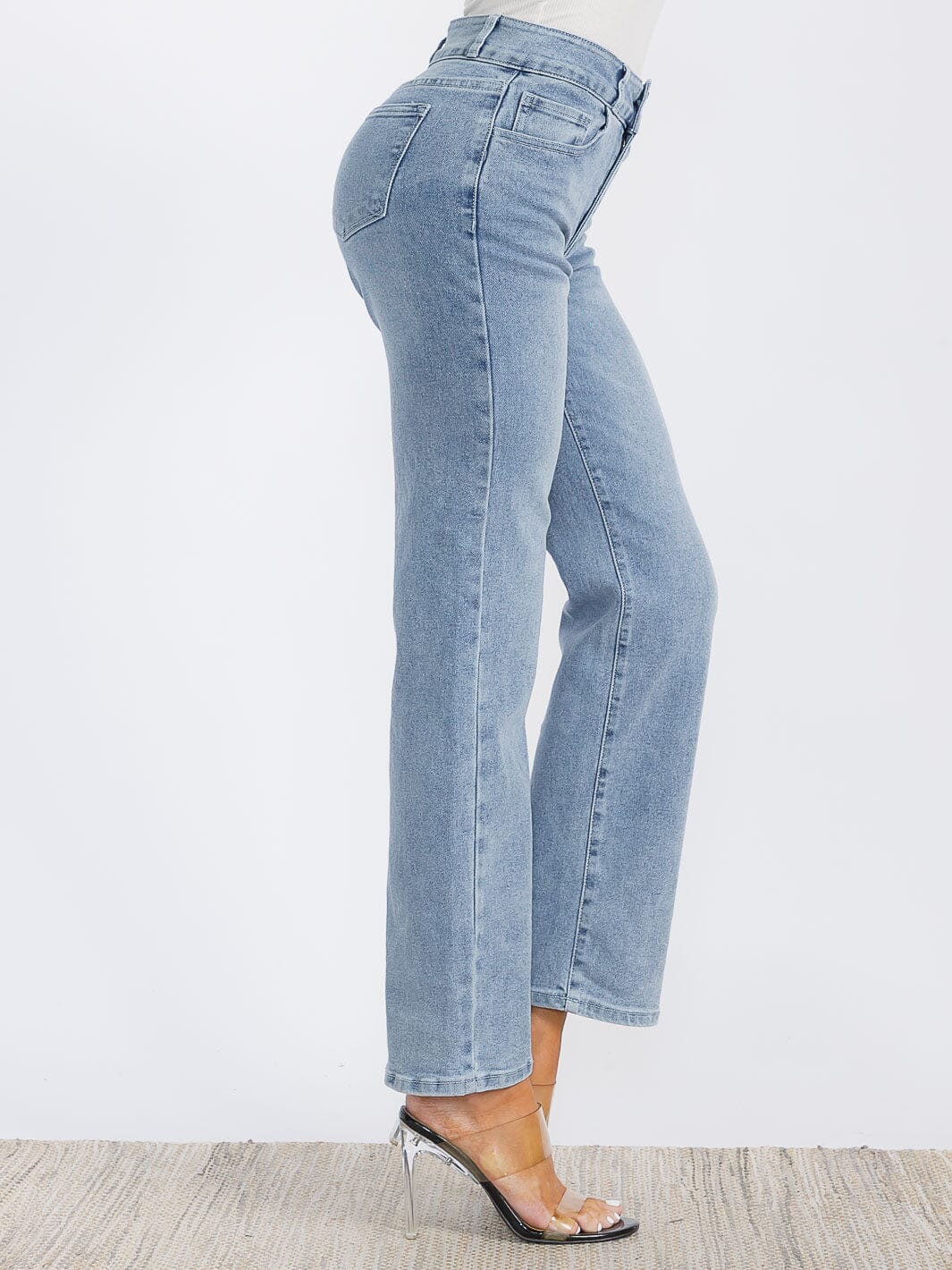 WOMEN'S BUTTON CLOSURE STRETCH WASHED DENIM WIDE LEG PANTS