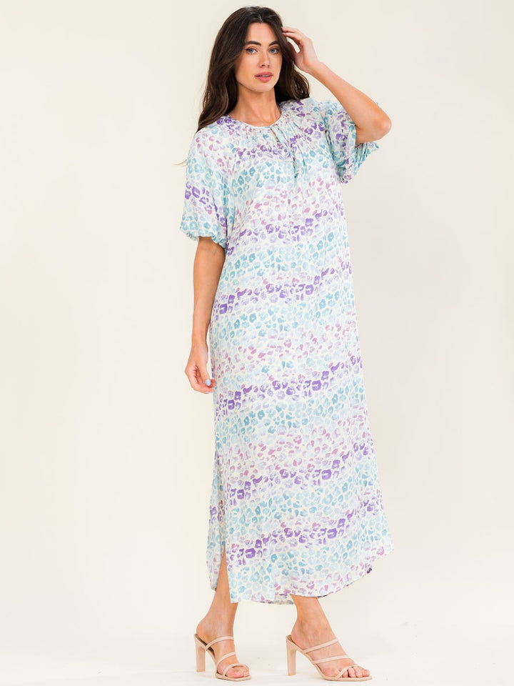 ENTRO WOMEN'S SHORT SLEEVE V-NECK ANIMAL PRINT PRINT TUNIC MAXI DRESS