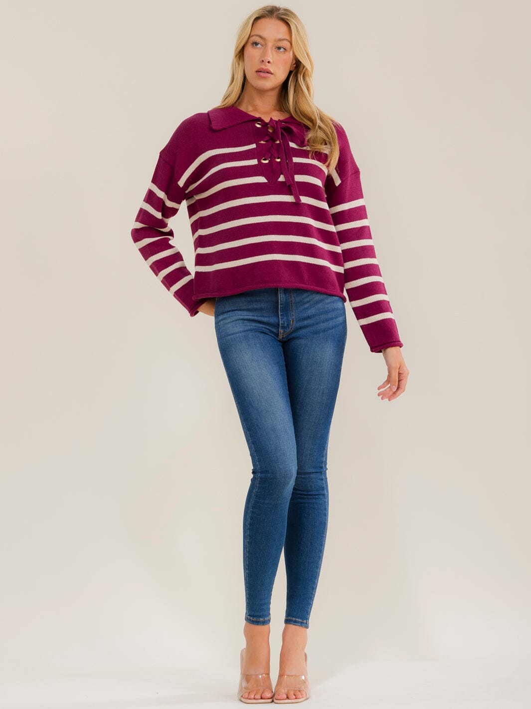 WOMEN'S LONG SLEEVE V-NECK LACE UP COLORBLOCK STRIPES PULLOVER SWEATER