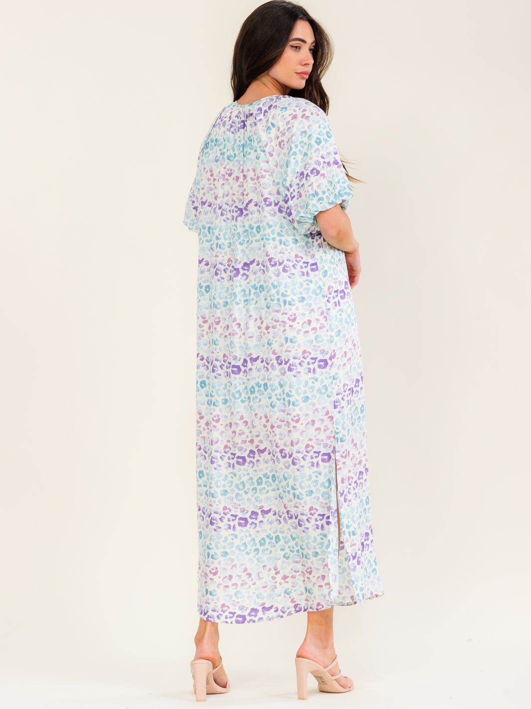 ENTRO WOMEN'S SHORT SLEEVE V-NECK ANIMAL PRINT PRINT TUNIC MAXI DRESS