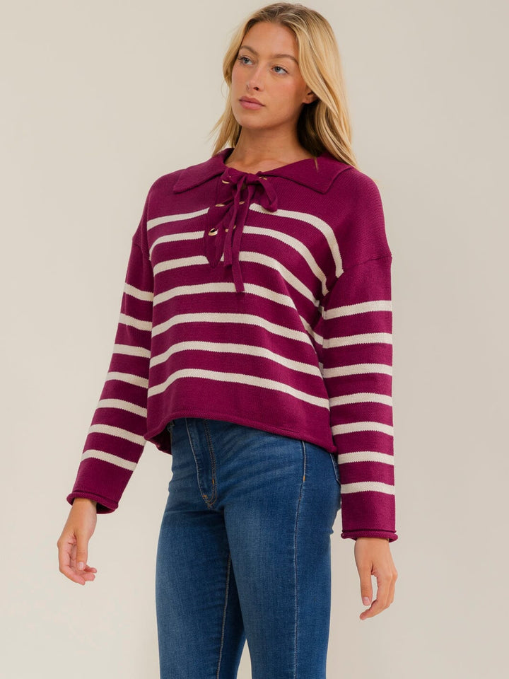 WOMEN'S LONG SLEEVE V-NECK LACE UP COLORBLOCK STRIPES PULLOVER SWEATER
