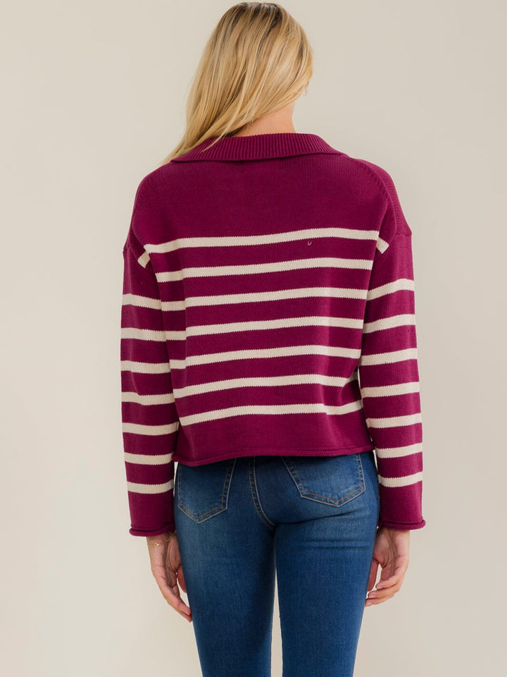 WOMEN'S LONG SLEEVE V-NECK LACE UP COLORBLOCK STRIPES PULLOVER SWEATER
