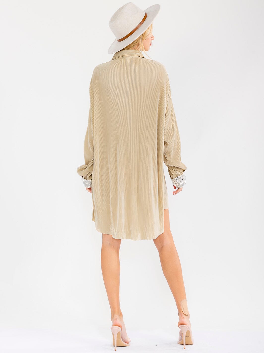 WOMEN'S LONG SLEEVE STUDS DETAILED BUTTON UP HIGH-LOW MINI DRESS