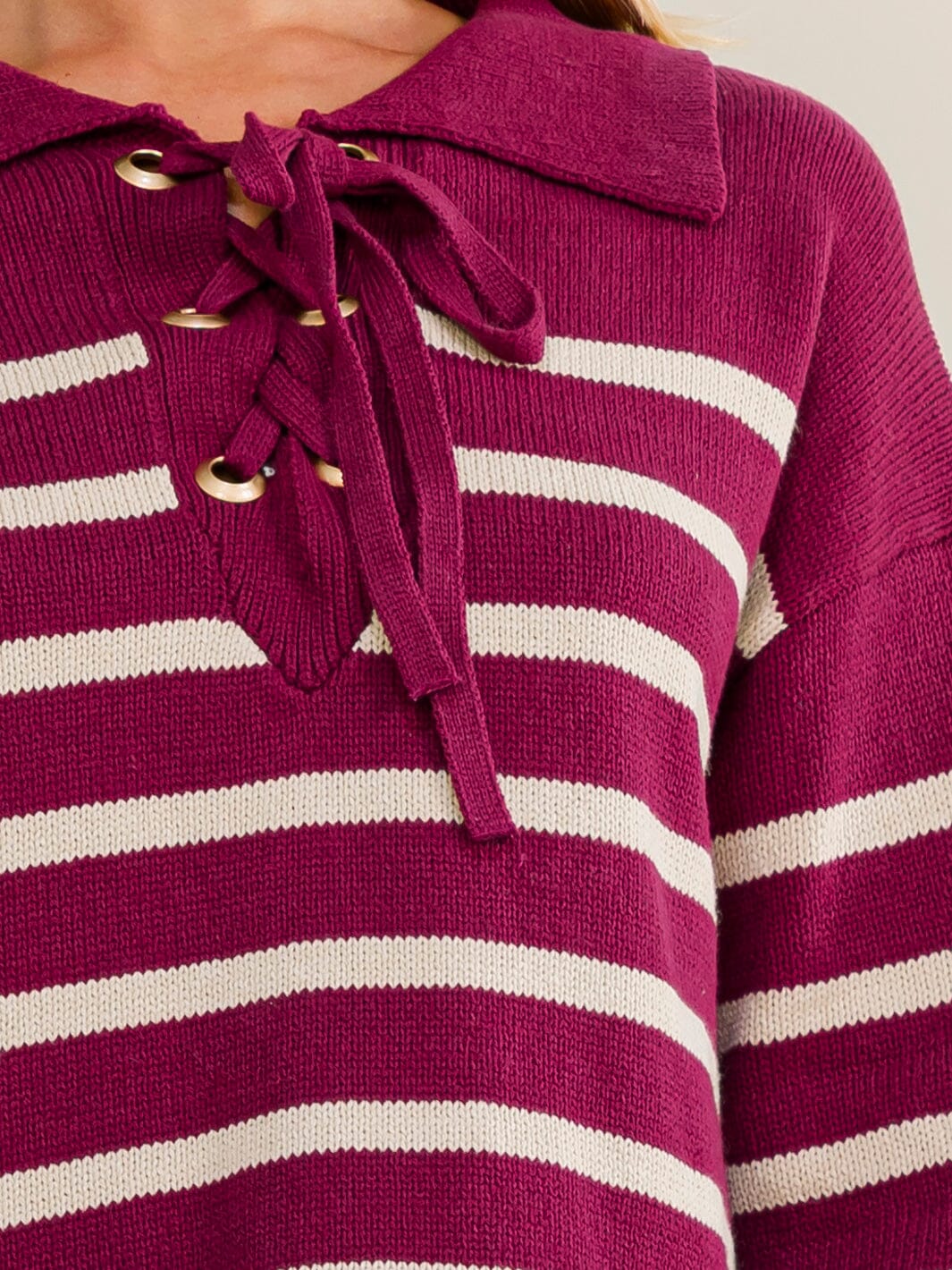 WOMEN'S LONG SLEEVE V-NECK LACE UP COLORBLOCK STRIPES PULLOVER SWEATER