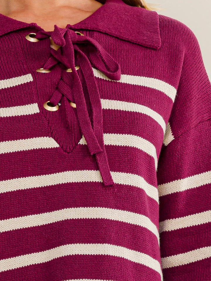 WOMEN'S LONG SLEEVE V-NECK LACE UP COLORBLOCK STRIPES PULLOVER SWEATER