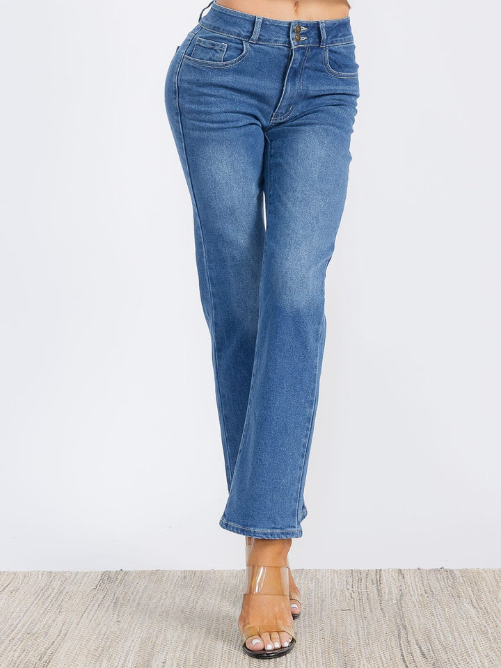 WOMEN'S BUTTON CLOSURE STRETCH WASHED DENIM WIDE LEG PANTS