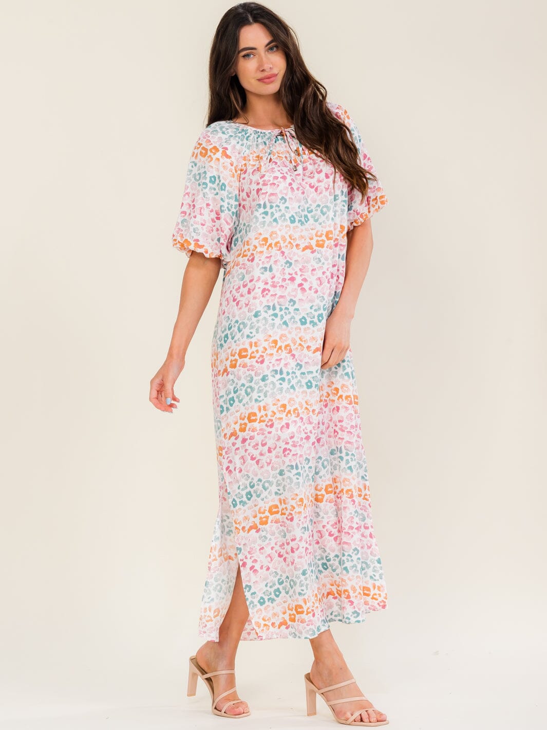 ENTRO WOMEN'S SHORT SLEEVE V-NECK ANIMAL PRINT PRINT TUNIC MAXI DRESS
