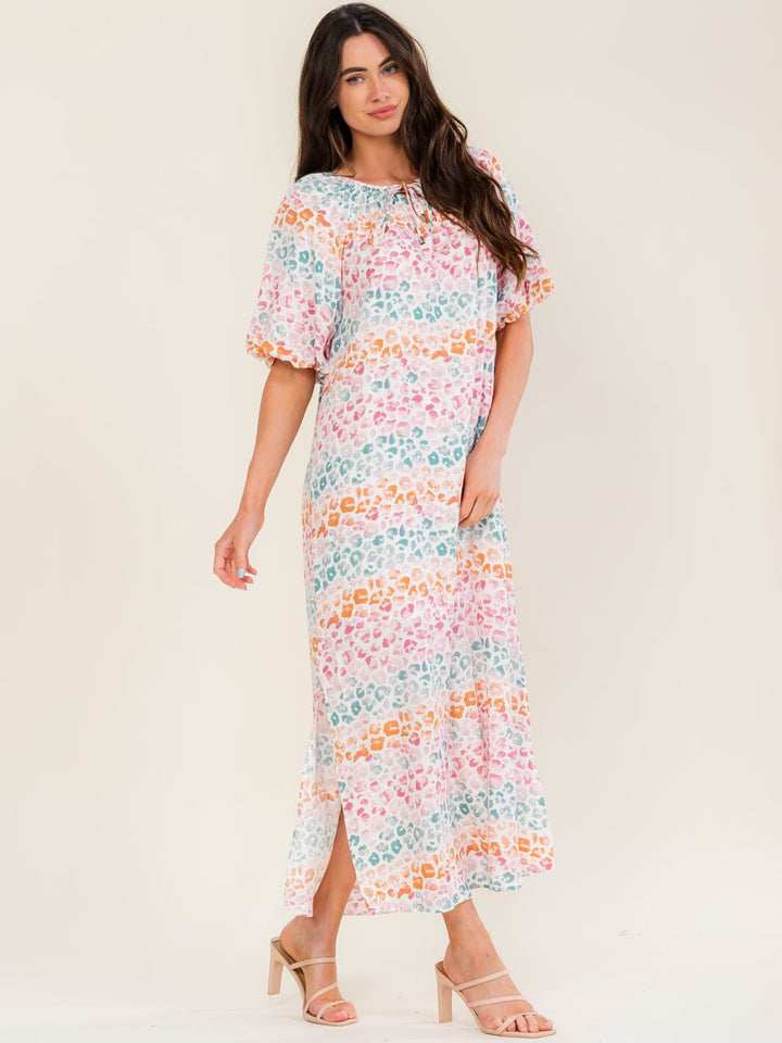 ENTRO WOMEN'S SHORT SLEEVE V-NECK ANIMAL PRINT PRINT TUNIC MAXI DRESS