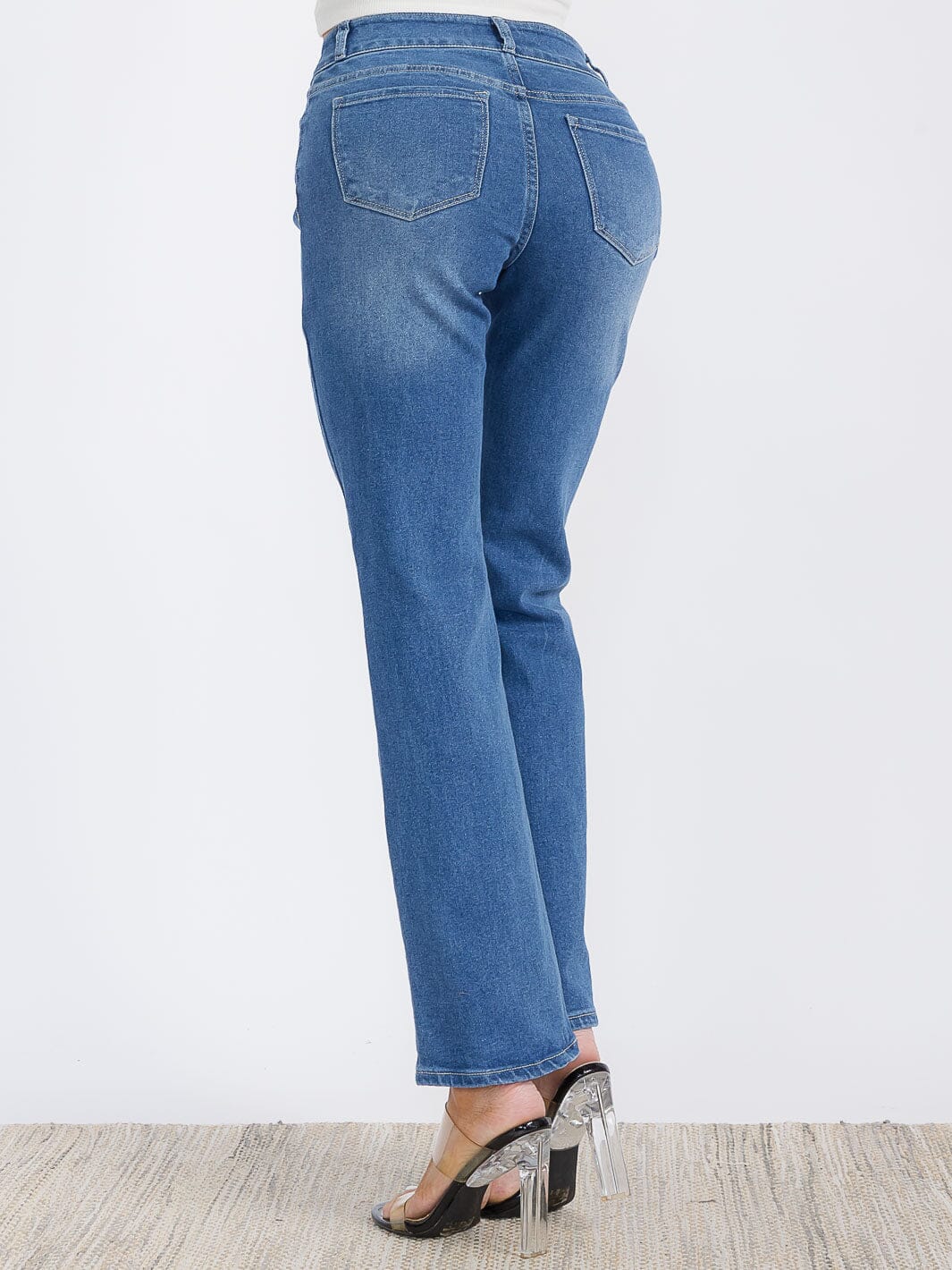 WOMEN'S BUTTON CLOSURE STRETCH WASHED DENIM WIDE LEG PANTS