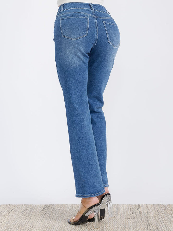 WOMEN'S BUTTON CLOSURE STRETCH WASHED DENIM WIDE LEG PANTS