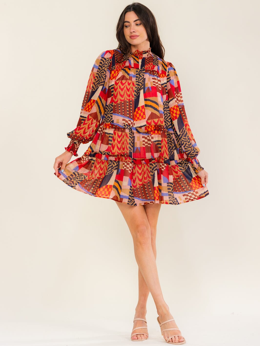 WOMEN'S LONG SLEEVE MOCK NECK LOOSE FIT MULTI PRINT MINI DRESS