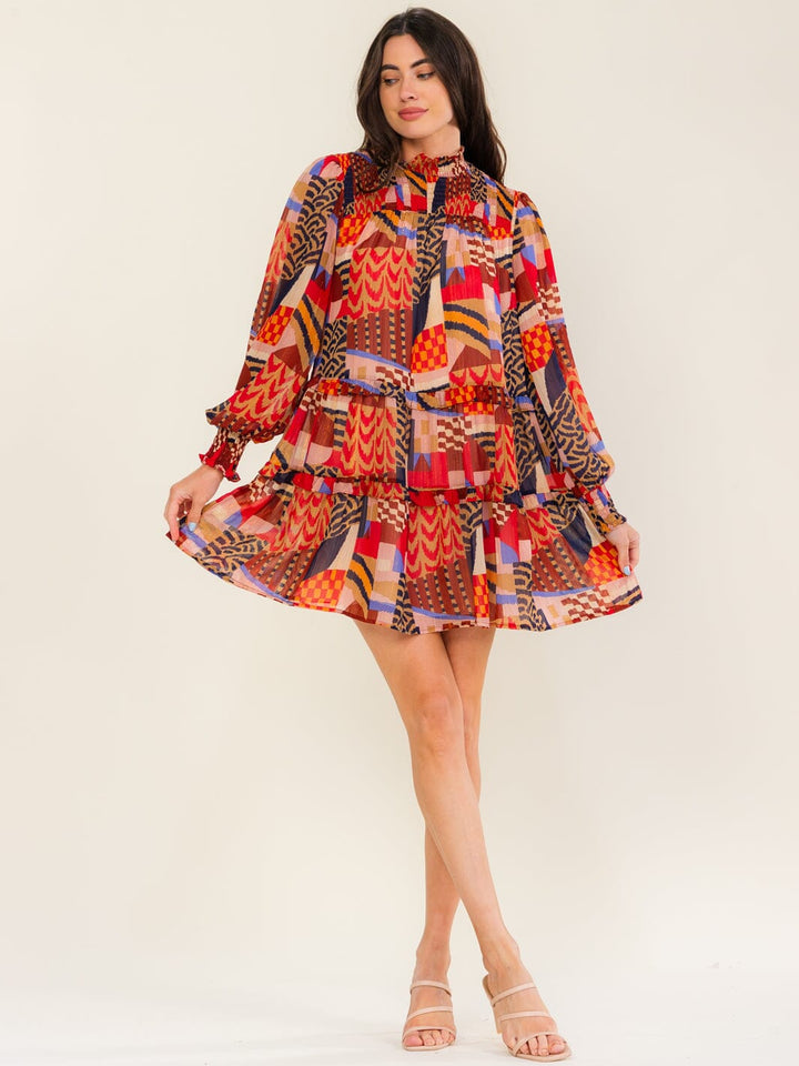 WOMEN'S LONG SLEEVE MOCK NECK LOOSE FIT MULTI PRINT MINI DRESS