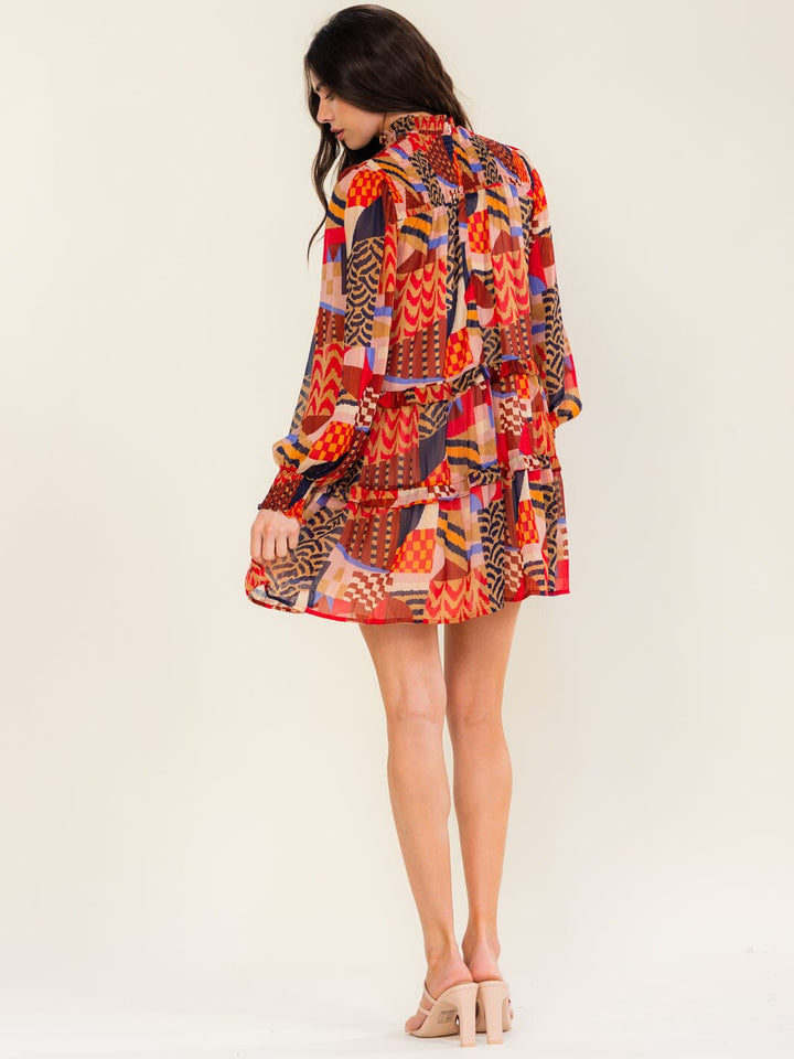 WOMEN'S LONG SLEEVE MOCK NECK LOOSE FIT MULTI PRINT MINI DRESS