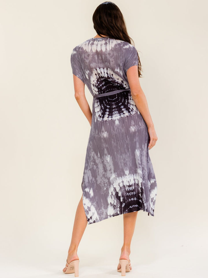 BEULAH WOMEN'S SHORT SLEEVE SELF TIE MULTI PRINT PLEATED MIDI DRESS