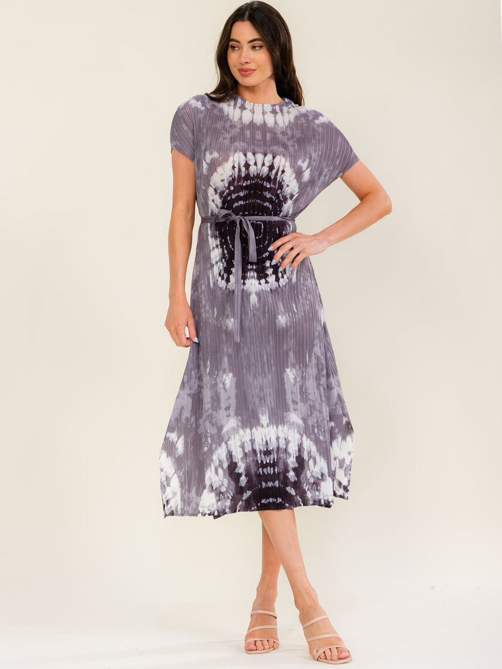 BEULAH WOMEN'S SHORT SLEEVE SELF TIE MULTI PRINT PLEATED MIDI DRESS