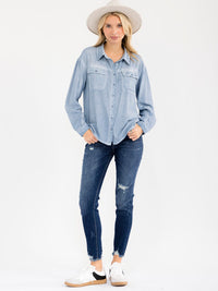 WOMEN'S LONG SLEEVE BUTTON UP WASHED CHAMBRAY TOP