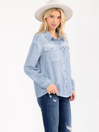 WOMEN'S LONG SLEEVE BUTTON UP WASHED CHAMBRAY TOP