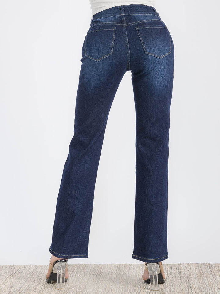 WOMEN'S BUTTON CLOSURE STRETCH WASHED DENIM WIDE LEG PANTS