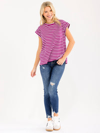 WOMEN'S SHORT SLEEVE COLORBLOCK STRIPES TOP