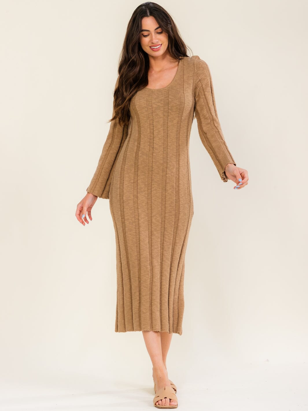 WOMEN'S LONG SLEEVE SIDE SLIT RIBBED KNIT BODYCON MAXI DRESS