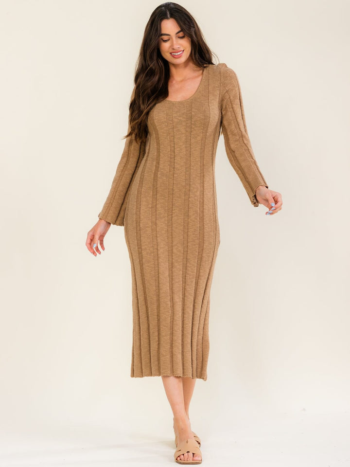 WOMEN'S LONG SLEEVE SIDE SLIT RIBBED KNIT BODYCON MAXI DRESS
