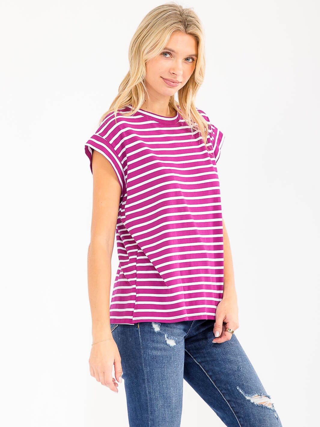 WOMEN'S SHORT SLEEVE COLORBLOCK STRIPES TOP