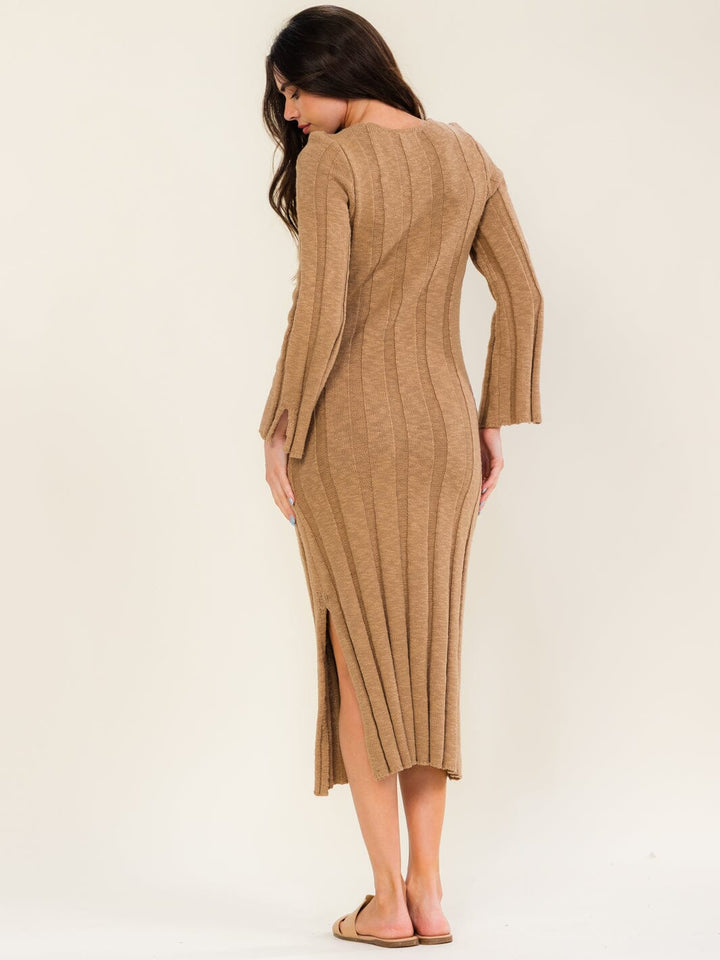 WOMEN'S LONG SLEEVE SIDE SLIT RIBBED KNIT BODYCON MAXI DRESS