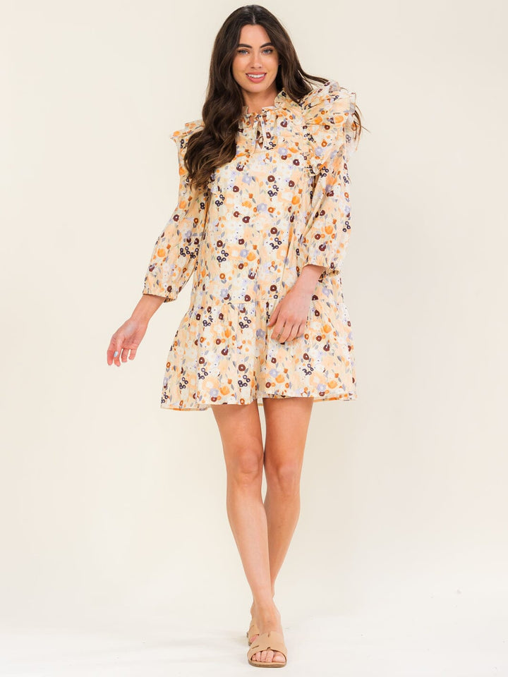ENTRO WOMEN'S 3/4 SLEEVE V-NECK FLORAL PRINT MINI DRESS