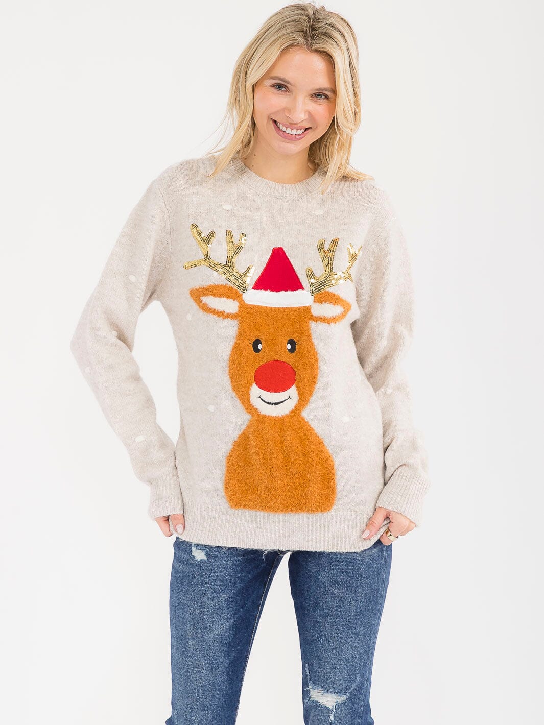 WOMEN'S LONG SLEEVE GRAPHIC HOLIDAY SEQUINS PULLOVER SWEATER