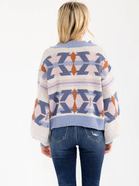 WOMEN'S LONG SLEEVE V-NECK MULTI PRINT PULLOVER SWEATER