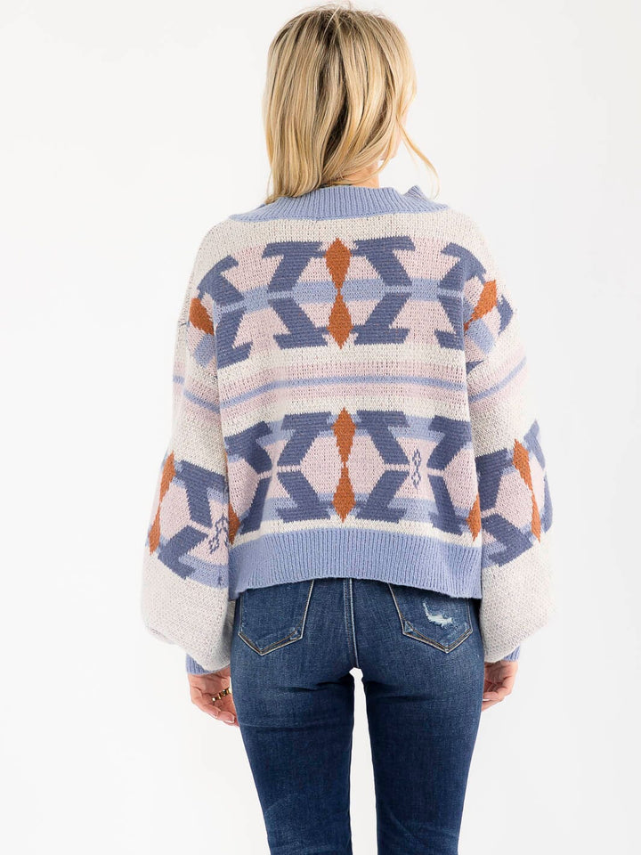 WOMEN'S LONG SLEEVE V-NECK MULTI PRINT PULLOVER SWEATER