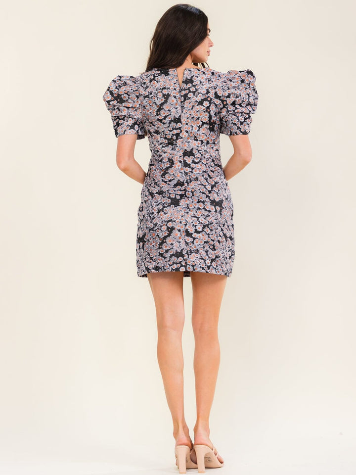 ENTRO WOMEN'S SHORT PUFF SLEEVE V-NECK FLORAL PRINT BODYCON MINI DRESS