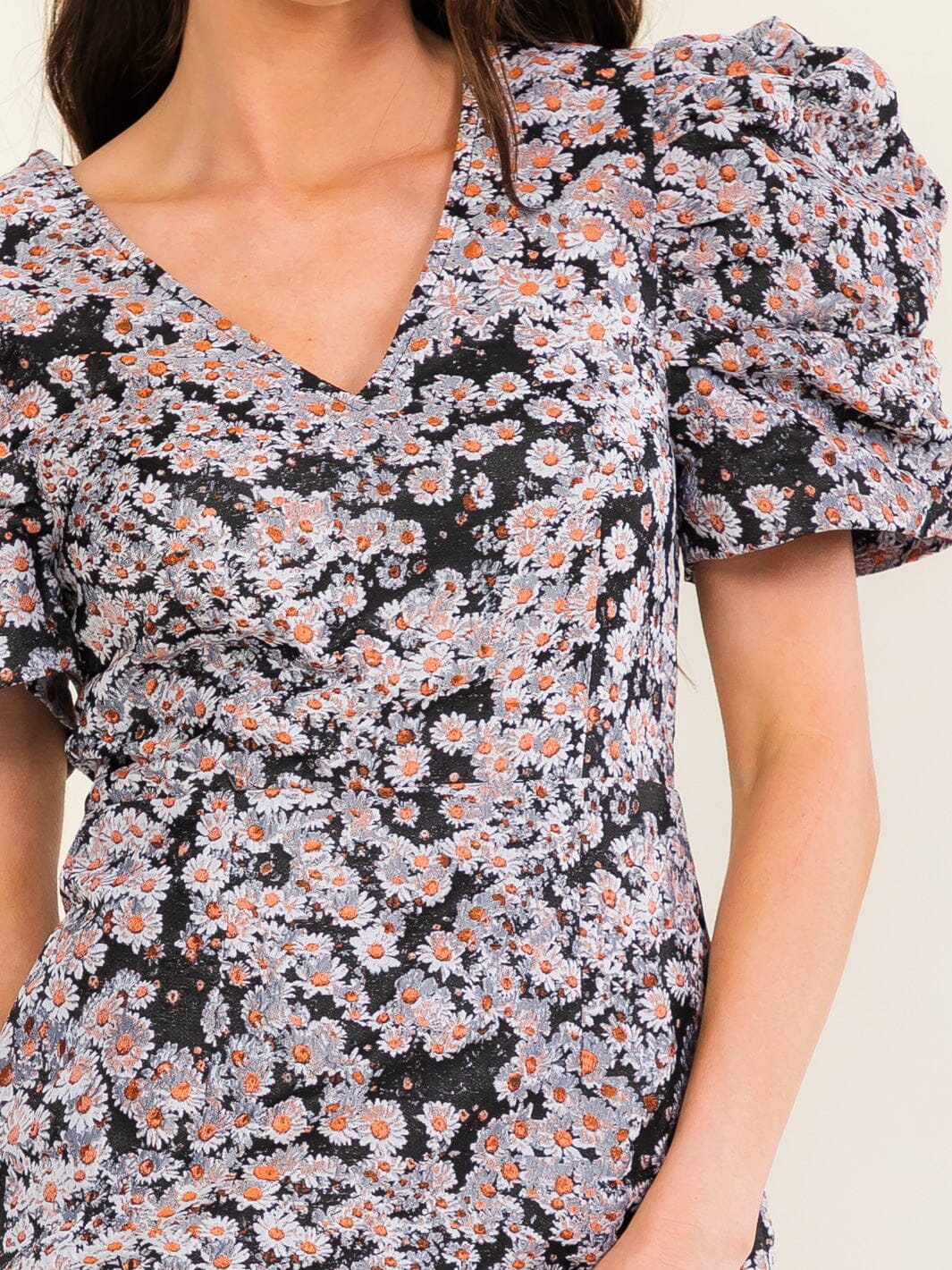 ENTRO WOMEN'S SHORT PUFF SLEEVE V-NECK FLORAL PRINT BODYCON MINI DRESS