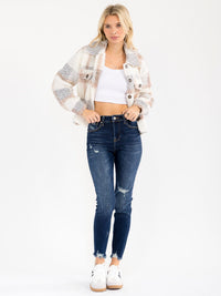 WOMEN'S LONG SLEEVE BUTTON CLOSURE PLAID SHERPA JACKET
