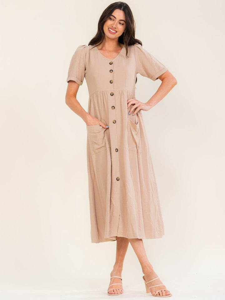 WOMEN'S SHORT SLEEVE BUTTON UP FRONT POCKETS MAXI DRESS