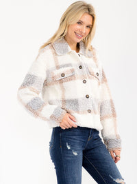 WOMEN'S LONG SLEEVE BUTTON CLOSURE PLAID SHERPA JACKET