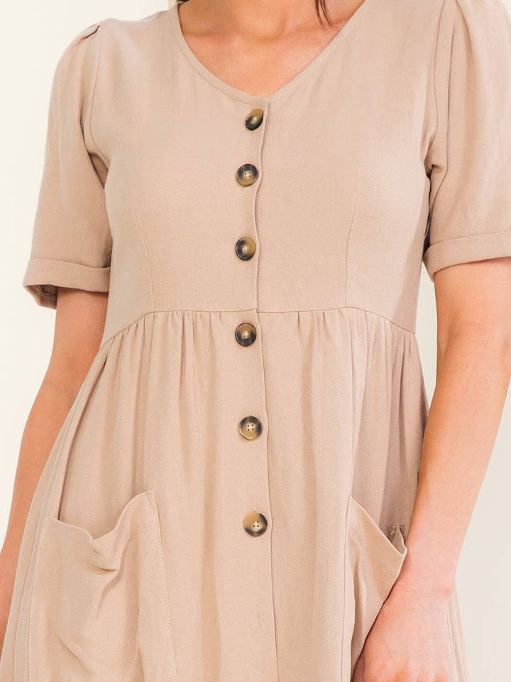 WOMEN'S SHORT SLEEVE BUTTON UP FRONT POCKETS MAXI DRESS