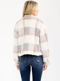 WOMEN'S LONG SLEEVE BUTTON CLOSURE PLAID SHERPA JACKET