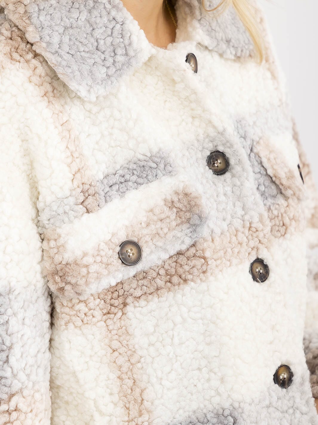 WOMEN'S LONG SLEEVE BUTTON CLOSURE PLAID SHERPA JACKET