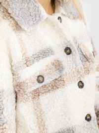 WOMEN'S LONG SLEEVE BUTTON CLOSURE PLAID SHERPA JACKET