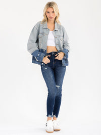 WOMEN'S LONG SLEEVE BUTTON CLOSURE POCKETS TWO TONE DENIM JACKET