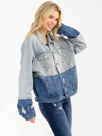 WOMEN'S LONG SLEEVE BUTTON CLOSURE POCKETS TWO TONE DENIM JACKET