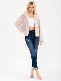 WOMEN'S LONG SLEEVE OPEN FRONT POCKETS SHERPA JACKET